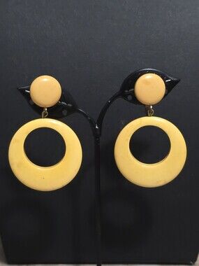 Bakelite Vintage Egg Yolk Butterscotch Art Deco Dangle Hoop Clip-On Earrings